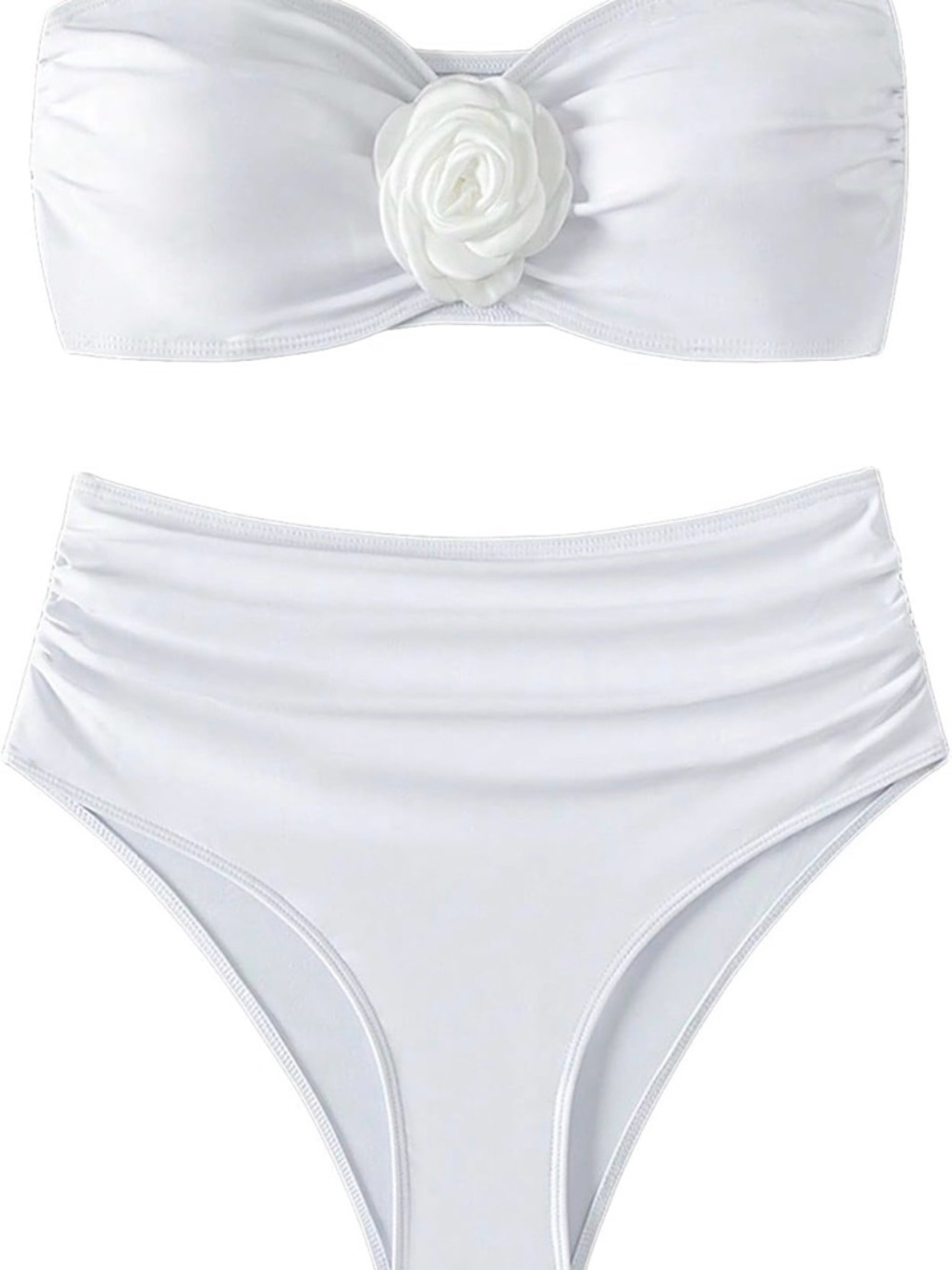 White Strapless Bandeau 3D Floral High-Waist Bikini Set Women’s Swimsuit - Picture 2 of 7